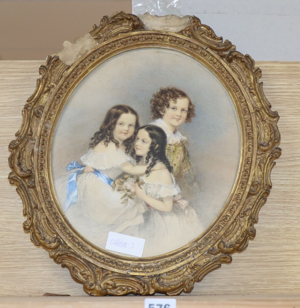 Victorian School, watercolour and pencil, Portrait of three children, indistinctly signed, 30 x 26cm